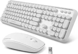 FOPETT Wireless Keyboard and Mouse Combo, 104 Keys Full-Sized 2.4 GHz Round Keycap Colorful Keyboards, USB Receiver Plug and Play, for Windows, Mac, PC, Laptop, Desktop (White)