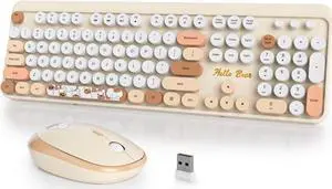 iTastatur Typewriter Wireless Keyboard and Mouse Combo,2.4G Office 104 Keys Full-Sized Retro Punk Keyboard,Cute Beige Keyboard with Round Keycaps for Laptop PC Desktops(Bear beige)