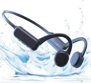 IHAO Swimming Headphones True Bone Conduction Open Ear Headset MP3 Player Built-in 16G Memory IP68 Underwater Waterproof Stereo Bluetooth Earphone for Driving Bicycling Running Skiing-Black