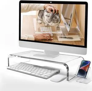 KMANDLU Premium Acrylic Monitor Stand  Extra-Wide 20" L x 10" W x 4" H Clear Computer Riser, Laptop Stand, Sleek Desktop Organizer for Office & Home, TV, Printer, with Bonus Acrylic Phone Stand