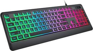 Backlit Wired Keyboard for Windows, Large Print Computer Keyboards with Rainbow Backlit, Plug and Play, Full-Size, Oversize Letters Keys Easy to See and Type, Light Up Keyboard for Laptop, PC, Gaming