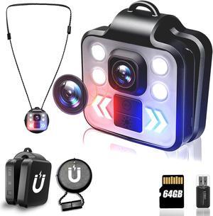 [(Upgrade)] Body Camera with audio & Video Recording - 1080P Mini Small Portable Sport 64G Recorder - Flashlight HeadLamp Waterproof Cam - For Child Pet Home Outdoor fishing Camping (Magnetic Lanyard)