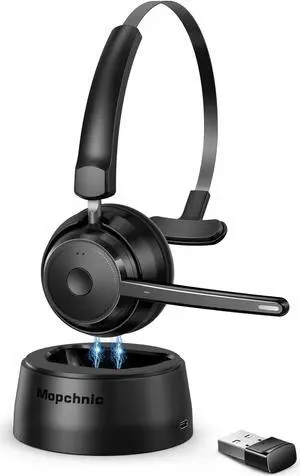 Mopchnic Bluetooth Headset 2024 Upgraded Version, Wireless Headset with AI Noise Canceling Microphone, On Ear Bluetooth Headset with USB Dongle for Office Call Center Skype Zoom Meeting Online Class
