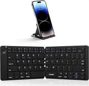 Samsers Foldable Bluetooth Keyboard - Portable Wireless Keyboard with Stand Holder, Rechargeable Full Size Ultra Slim Keyboard Compatible IOS Android Windows Smartphone Tablet and Laptop-Black
