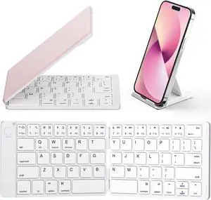 Samsers Foldable Bluetooth Keyboard - Portable Wireless Keyboard with Stand Holder, Rechargeable Full Size Ultra Slim Folding Keyboard for IOS Android Windows Smartphone Tablet and Laptop, White-Pink