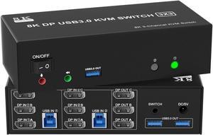 8K@60Hz KVM Switch 3 Monitors 2 Computers 4K@144Hz, DP 1.4 8K Displayport KVM Switch Triple Monitor for 2 Computer Share 3 Monitor, Audio Mic Port and 3 USB3.0 Devices, Wired Remote and 5V Adapter