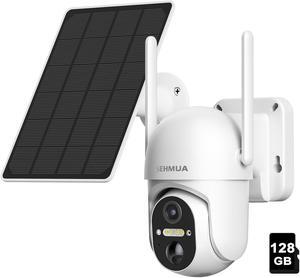 SEHMUA Outdoor Camera Wireless with 128GB SD Card, 2K 360deg View Battery Powered Solar Security Camera WiFi Home Security with Spotlight Color Night Vision, PIR Sensor