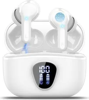 Wireless Earbuds Bluetooth 5.3 Headphones, 40H Playback HiFi Stereo Ear Buds with LED Display, Noise Cancelling Earbuds, IP7 Waterproof in-Ear Earphone for iOS Andriod Sport/Workout/Running/White