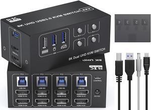 8K Dual Monitor KVM Switch - 4 Computer 2 Monitors KVM HDMI Switches with 3 USB 3.0 Ports, Remote and Power Adapter, Support Copy and Extend Mode, Compatible with 3 Computers 2 Monitors KVM Switches