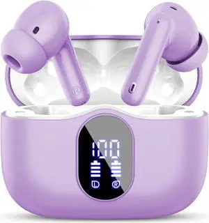 Wireless Earbuds Bluetooth 5.3 Headphones Bass Stereo Ear Buds with Noise Cancelling Mic LED Display in Ear Earphones IP7 Waterproof 36H Playtime for Laptop Pad Phones Sports Workout Purple
