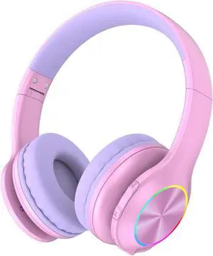 2024 Bluetooth Kids Headphones Fit for Aged 3-21, Colorful LED Lights Comfort Wireless Headphones with Microphone 94dB Volume Limited for School/iPad/PC/TV/Cellphones, Wired & TF Card Mode, Pink