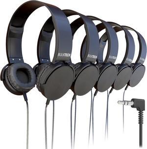 Bulktech Wired On-Ear Leather Headphones with 3.5mm Connector, Round Metal Housing, Bulk Wholesale, 5 Pack, Black Color