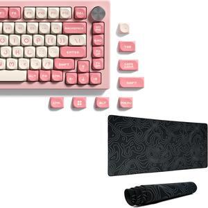 Pink Custom keycaps Cute,MOA Profile keycaps PBT,Double Shot keycaps 75 Percent bundle with Topographic map XXL Black Mousepad Rubber mat Desk pad