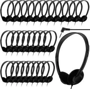 Yunsailing 30 Pack Class Set Headphones for Kids Students Bulk Classroom Headsets School Earphones Adjustable with 3.5mm Jack for Children Youth Boys Girls Adults Laptop Computer, Black