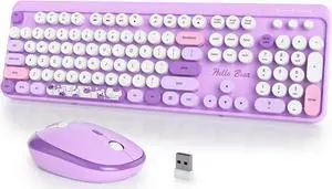 iTastatur Typewriter Wireless Keyboard and Mouse Combo,2.4G Office 104 Keys Full-Sized Retro Punk Keyboard,Cute Purple Keyboard with Round Keycaps for Laptop PC Desktops(Bear purple)
