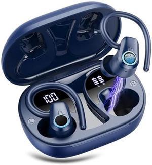 Wireless Earbuds, 2023 Bluetooth Headphones 5.3 Sport, 50H Ear buds with Earhooks, Dual LED DisplayBluetooth Earbuds, Stereo Noise Cancelling Headphones, IP7 Waterproof Running Earphones, Deep Blue