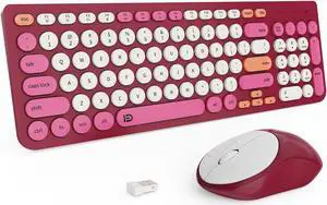 TKVPJYYI Wireless Keyboard and Mouse Combo, 2.4GHz USB Cordless Round Keys Set for Laptop, Computer, TV (White+Rose Red)