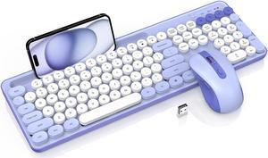 Wireless Keyboard and Mouse Combo, Retro Round Keycaps, Cute Full-Size Typewriter Keyboard with Phone Holder, Sleep Mode, Click Soft, 2.4GHz Cordless Connection for Windows/PC/Laptop (Purple-Colorful)
