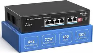 [Upgraded] 6-Port PoE Switch with 4 Port PoE, VIMIN 4-Port Unmanaged 10/100Mbps Network PoE Switch with 2 Uplink Ports, AI Watchdog, VLAN, Extend 250m, Support IEEE802.3af/at, 72W PoE Power