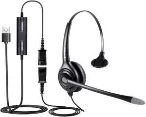 VoiceJoy USB Plug Corded Headphone Call Center Noise Cancelling Headset with Quick Disconnect,Adjustable Mic, Mute Volume Control for Calls on Laptops PCs Computers