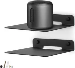 WISDING Small Floating Shelves, 6'' Wall Metal Speaker Mount Shelves for Bluetooth Speaker, Webcam, Cell Phones, Mesh Router, Toy Display Shelf Speakers Shelf (2 Pack), Black (JSZWJ002)