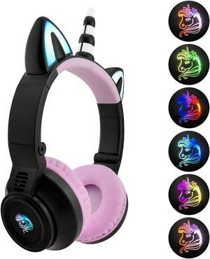 YUSONIC Unicorn Kids Headphones for Girls,Unicorn Bluetooth Headphones Foldable for Girls Toddlers Tablet/pad/ fire,Light Up Kids Wireless Headphone Birthday Gifts (black)