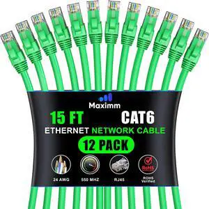 Maximm Cat 6 Ethernet Cable - 15 ft (12-Pack), High-Speed LAN, Internet, Patch, and Network Cable - UTP, 10Gbps, 550MHz Ethernet Cord - Green