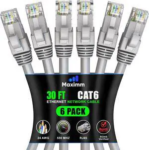 Maximm Cat 6 Ethernet Cable 30 ft (6-Pack) - High-Speed LAN Cable, Internet Cable, Patch Cable, and Network Cable - UTP, 10Gbps, 550MHz Ethernet Cord - Gray