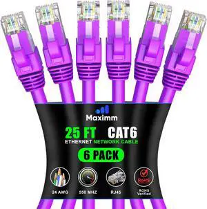 Maximm Cat 6 Ethernet Cable 25 ft (6-Pack) - High-Speed LAN Cable, Internet Cable, Patch Cable, and Network Cable - UTP, 10Gbps, 550MHz Ethernet Cord - Purple