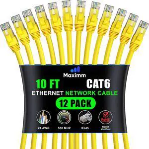 Maximm Cat 6 Ethernet Cable - 10 ft (12-Pack), High-Speed LAN, Internet, Patch, and Network Cable - UTP, 10Gbps, 550MHz Ethernet Cord - Yellow
