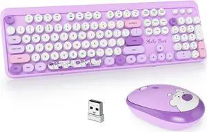 GTSP Typewriter Keyboard Wireless Mouse Combo, Cute Keyboard 2.4G Office Full-Sized Retro Keyboard with Round Keycaps for Laptop PC Desktops(Purple)