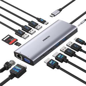 3 Monitors Docking Station, Dual HDMI 4K@60Hz Display, 14-in-1 USB C Hub with VGA, 5 USB-A, 1 5G USB-C, 100W PD, Ethernet, Mic/Audio, SD/TF Card Reader, Compatible with Dell XPS/HP/Lenovo/Surface