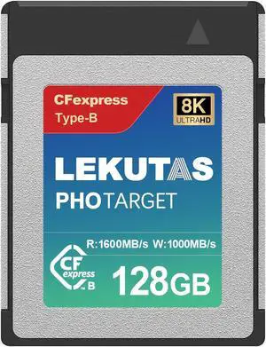 LEKUTAS 128GB CFexpress Type B Memory Card, R1600MB/s W1000MB/s CFX xqd Cards Type B for Cameras 8K RAW, Compatible with Nikon Z6/Z7/Z9/D6/D850, Canon EOS-1DXMark III/EOS-R5, S1/S1R, DJI Ronin 4D