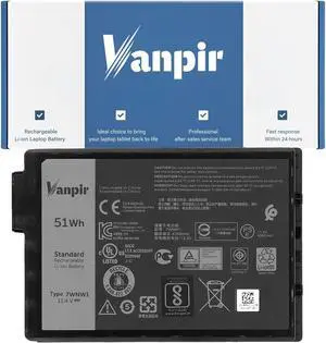 VANPIR 7WNW1 Laptop Battery, 11.4V 51Wh 4342mAh 3-Cell Compatible with Dell Latitude 7424 5424 5420 Rugged Extreme Series Notebook DMF8C 0DMF8C Black