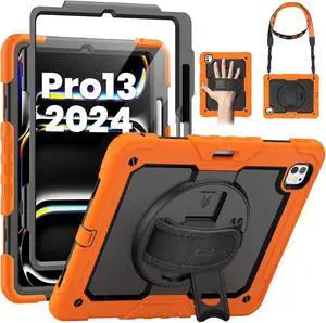 SEYMAC for iPad Pro 13 Inch Case 2024 M4 (7th Generation), Heavy Duty Shockproof Protective Case with Screen Protector, 360° Rotating Stand, Hand/Shoulder Strap and Pen Holder, Orange