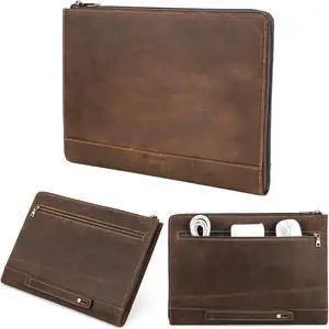 CataPurus Top Grain Leather 14.2" Slim Laptop 90deg Zipper Bag, Vintage Design, Handmade, Compatible with MacBook Pro/Air 14"/13.3"/13.6" 2021 2022 M1 Pro/M1 Max A2442 & Other Laptop, Coffee 14.2 Inch