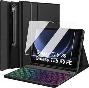 Nanhent Keyboard Case for Samsung Galaxy Tab S9 FE 5G 10.9 Inch/S9 11 Inch 2023 with S Pen Holder, 7 Color Rainbow Backlight Detachable Bluetooth Keyboard Cover with HD Screen Protector (S9 FE/S9)