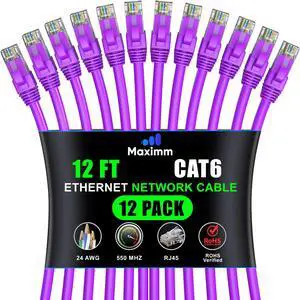 Maximm Cat 6 Ethernet Cable - 12 ft (12-Pack), High-Speed LAN, Internet, Patch, and Network Cable - UTP, 10Gbps, 550MHz Ethernet Cord - Purple