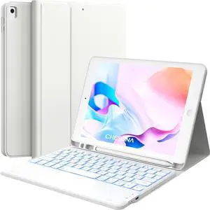 CHESONA for iPad 9th Generation Case with Keyboard, 7 Color Backlit, Multi-Touch Trackpad, Built-in Pencil Holder, 2 Wireless Channels, Flip Stand Keyboard Case for iPad 9th/8th/7th Gen 10.2 White
