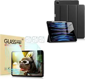 DTTO for iPad Pro 12.9 Inch 6th / 5th / 4th / 3rd Generation Case with Pencil Holder, Smart Slim Trifold Stand Cover with 3 Pack HD Tempered Glass Screen Protector, Black