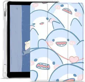 JOYLAND Lovely Cartoon Shark Pad Case for iPad Pro 2022/2021/2020/2018 12.9 Inch with Pencil Holder, Auto Wake/Sleep, Clear TPU Foldable Blue Leather Anti-Scratch Smart Foldable Stand Back Cover