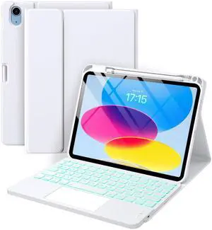 Harvopu Compatible for iPad 11th 10th Generation Case with Keyboard, Folio Cover with Pencil Holder, Multi-Touch Trackpad, 7 Color Backlit, Detachable Keyboard for iPad (A16) 11th/10th Gen (White)