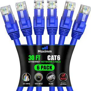 Maximm Cat 6 Ethernet Cable 30 ft (6-Pack) - High-Speed LAN Cable, Internet Cable, Patch Cable, and Network Cable - UTP, 10Gbps, 550MHz Ethernet Cord - Blue