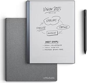 reMarkable Essentials Bundle - Gray | reMarkable 2 Paper Tablet | includes 10.3" reMarkable Tablet, Marker Plus Pen with Eraser, Book Folio Cover in Gray Polymer Weave, and 1-Year Free Connect Trial