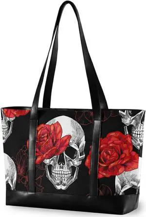Skull And Red Roses Laptop Tote Bag,Fits 15.6 Inch Laptop,Womens Lightweight Canvas Leather Tote Bag Shoulder Bag