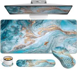 Anyshock Desk Pad Mat, Large Mouse Pad with Wrist Rest and Keyboard Pad, 4PCS Carpal Tunnel Keyboard Wrist Support Combo, Computer Mousepad Cushion for Laptop Desktop, Teal Blue Turquoise Marble