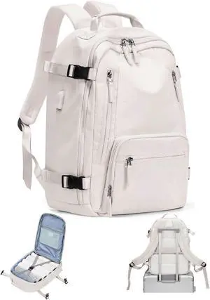 BJLFS Travel Backpack for Women Men, Carry on Backpack Flight Approved Item Bag,Casual Daypacks Cabin Bagage,Hiking Backpack Lightweight Rucksack, Business Laptop Backpack with USB Charger White