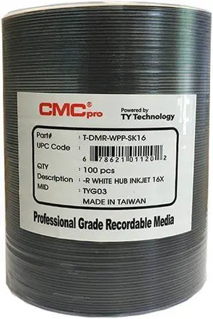 CMC Pro - Powered by TY Technology 16x White Inkjet Hub Printable 4.7GB DVD in Tape Wrap - 100 Pack