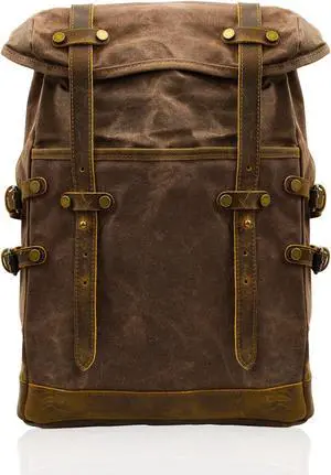 CRUITBILI Waxed Canvas Leather Hiking Travel Waterproof Backpack For College Weekend Travel Fit 15in laptops (Coffee)