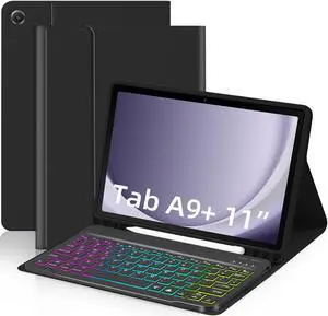 EAMPANG Case with Keyboard for Samsung Galaxy Tab A9 Plus 11 inch (SM-X210/X215/X216/X218),7 Color Rainbow Backlight Detachable USB-C Keyboard Magnetic Case with Pen Slot for Tablet A9+ 5G Black